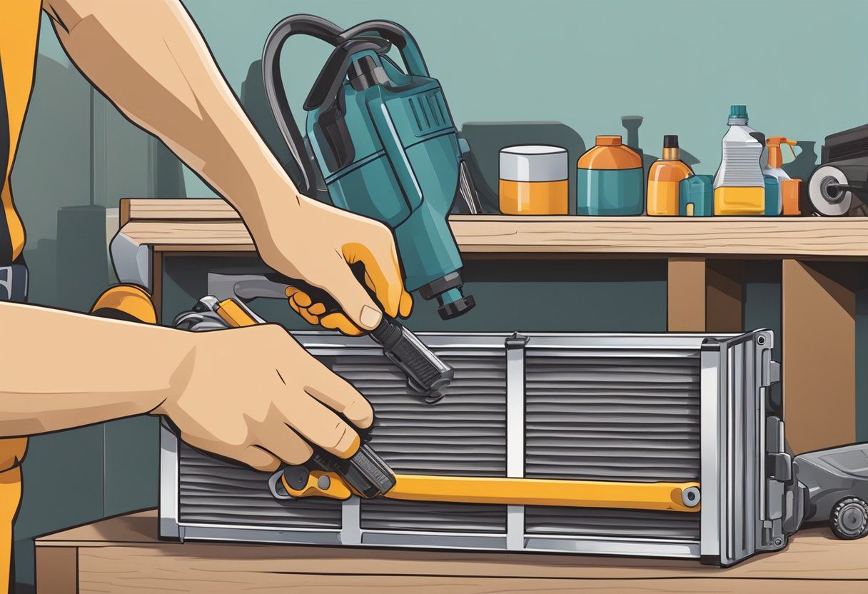 A hand reaches for a new air filter next to a wrench and screwdriver on a workbench, with a dirty old filter and a vacuum cleaner in the background