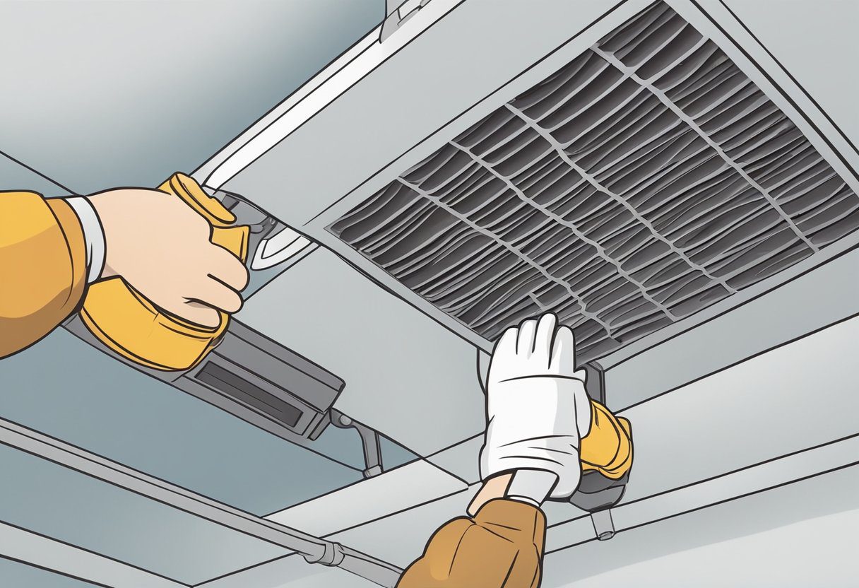 A hand reaching for a dirty air filter in a home HVAC system, contrasting with a professional technician replacing a clean filter in a professional service setting