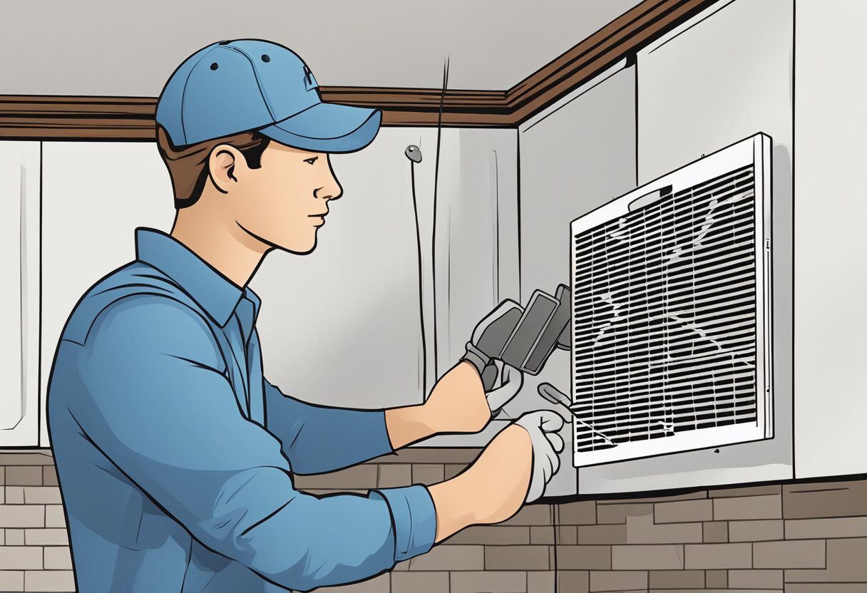 A technician replaces an air filter in a Plano home, using specialized tools and equipment. The filter is removed and replaced with a new, clean one to ensure optimal air quality