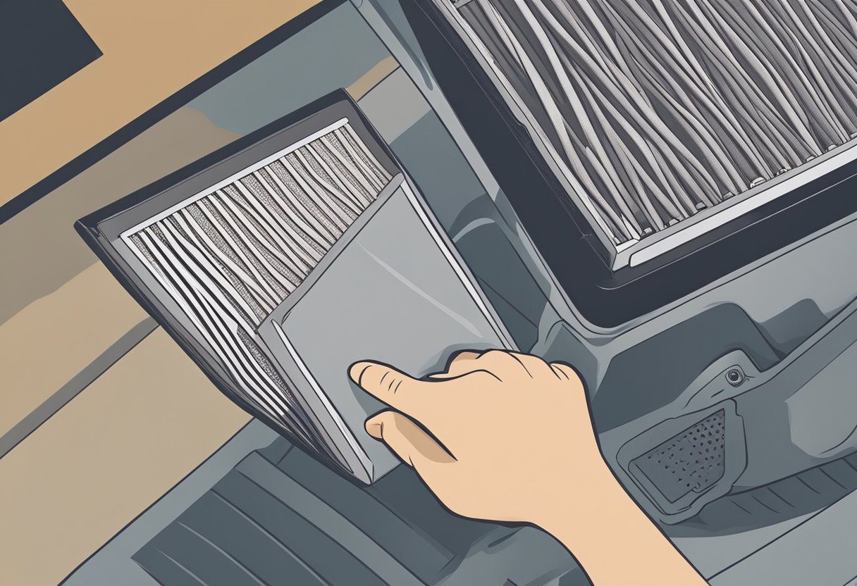 A hand reaching for a dirty air filter, then replacing it with a clean one. A clean, well-maintained air filter is shown to improve air quality and reduce energy costs