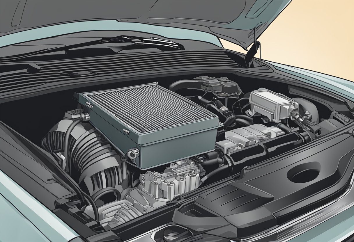 A hand reaches into a car engine compartment, removing the old air filter. A new filter is then inserted, and the compartment is closed