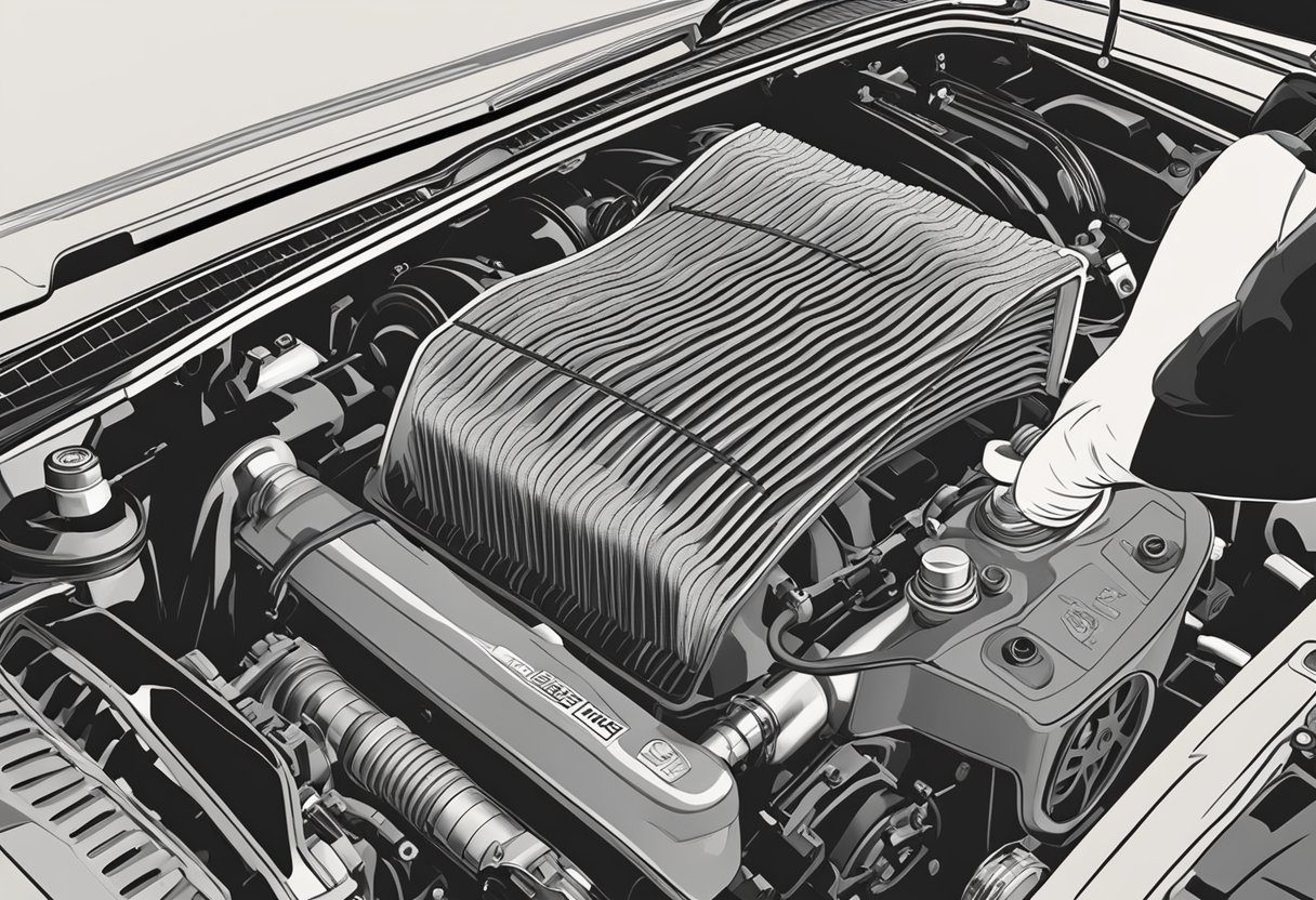 A hand holding a new air filter next to a car engine in Plano, TX. The old filter is removed and the new one is being installed