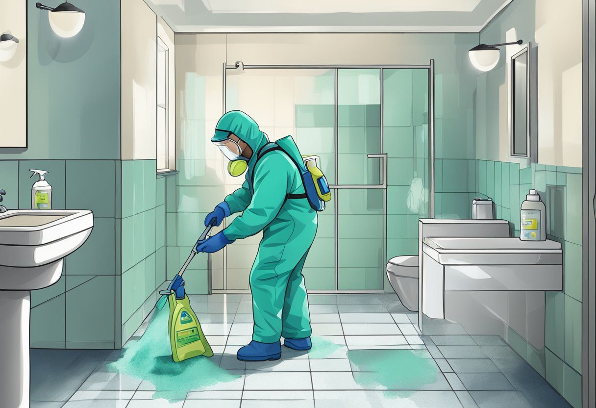 A person in protective gear spraying a cleaning solution on moldy surfaces in a bathroom. A scrub brush and gloves are nearby