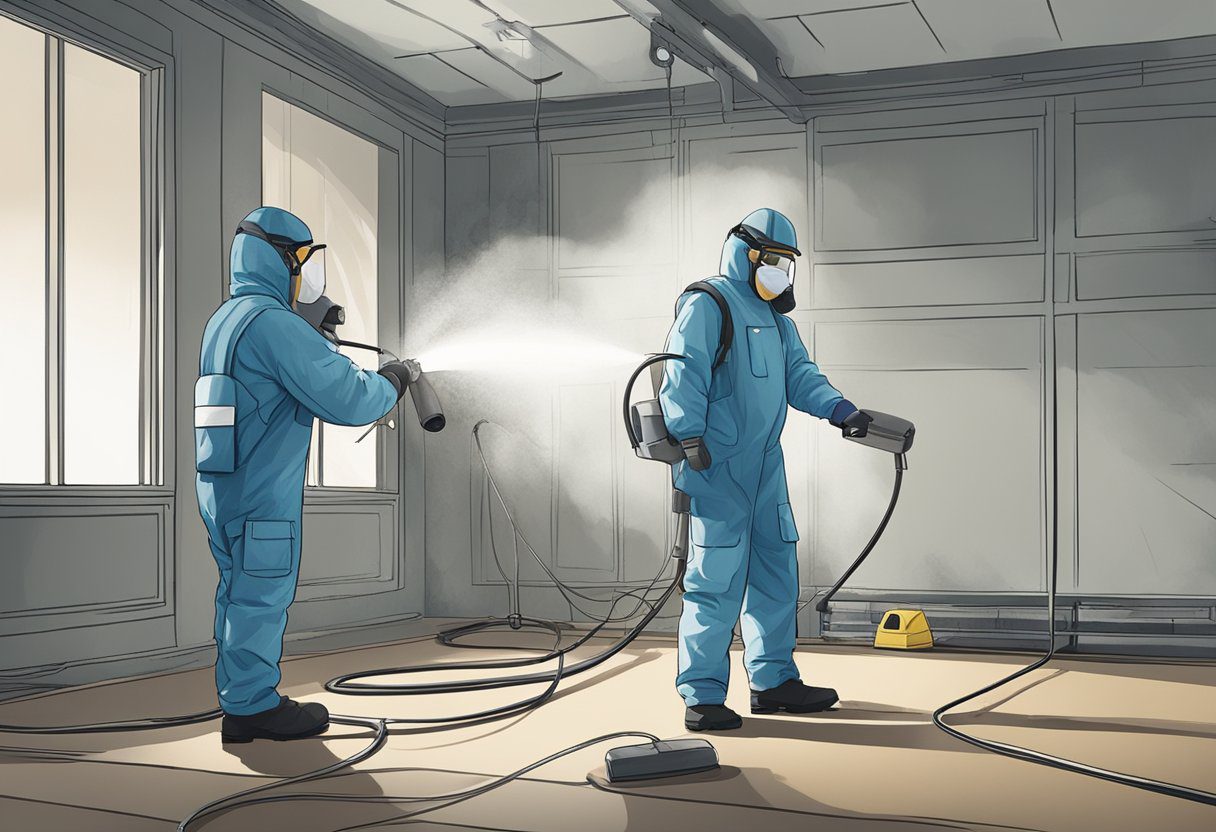 A technician in protective gear sprays mold-infested walls in a dimly lit room, while another worker sets up equipment