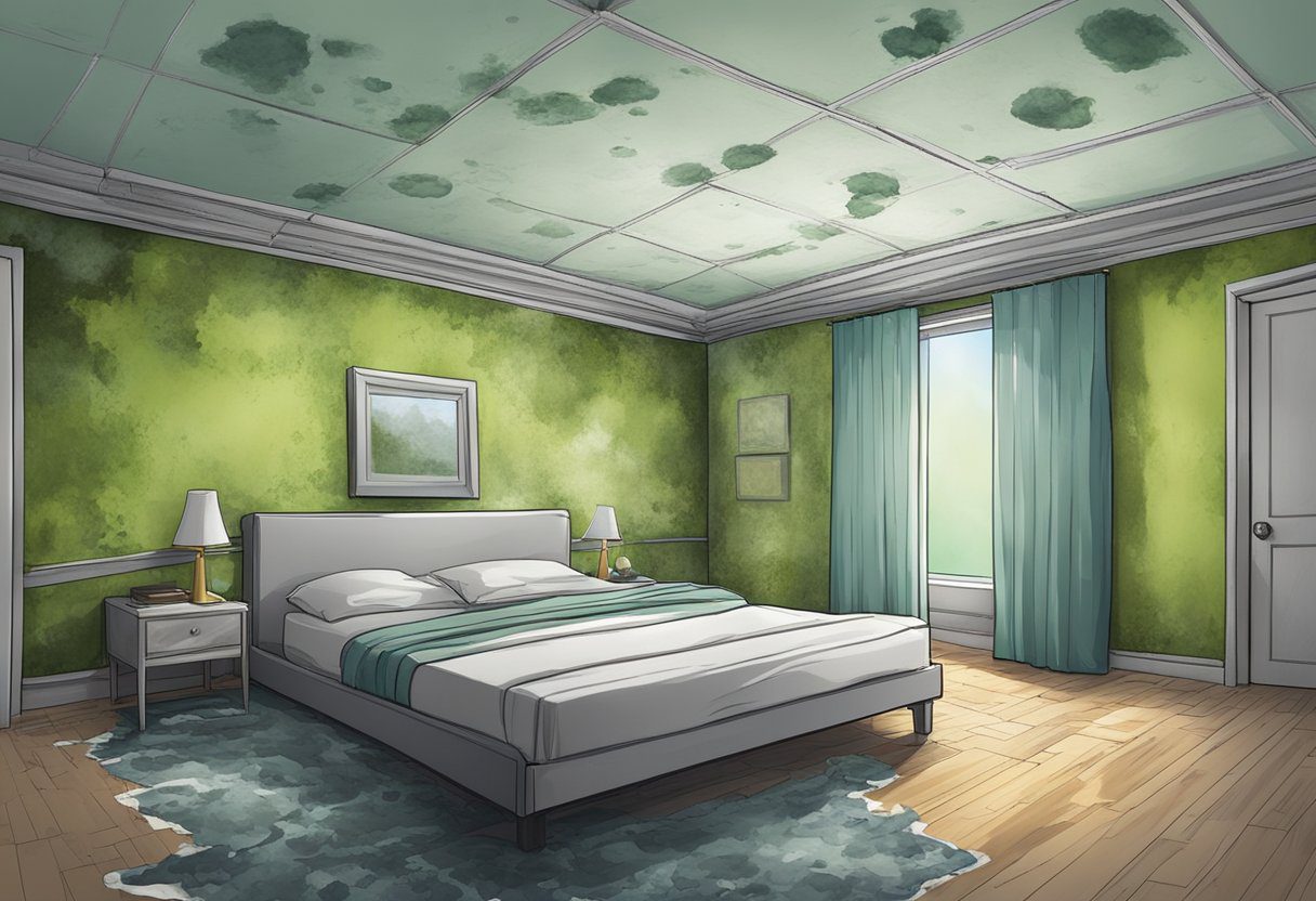 A room with visible mold and mildew growth on walls and ceilings, causing potential health hazards