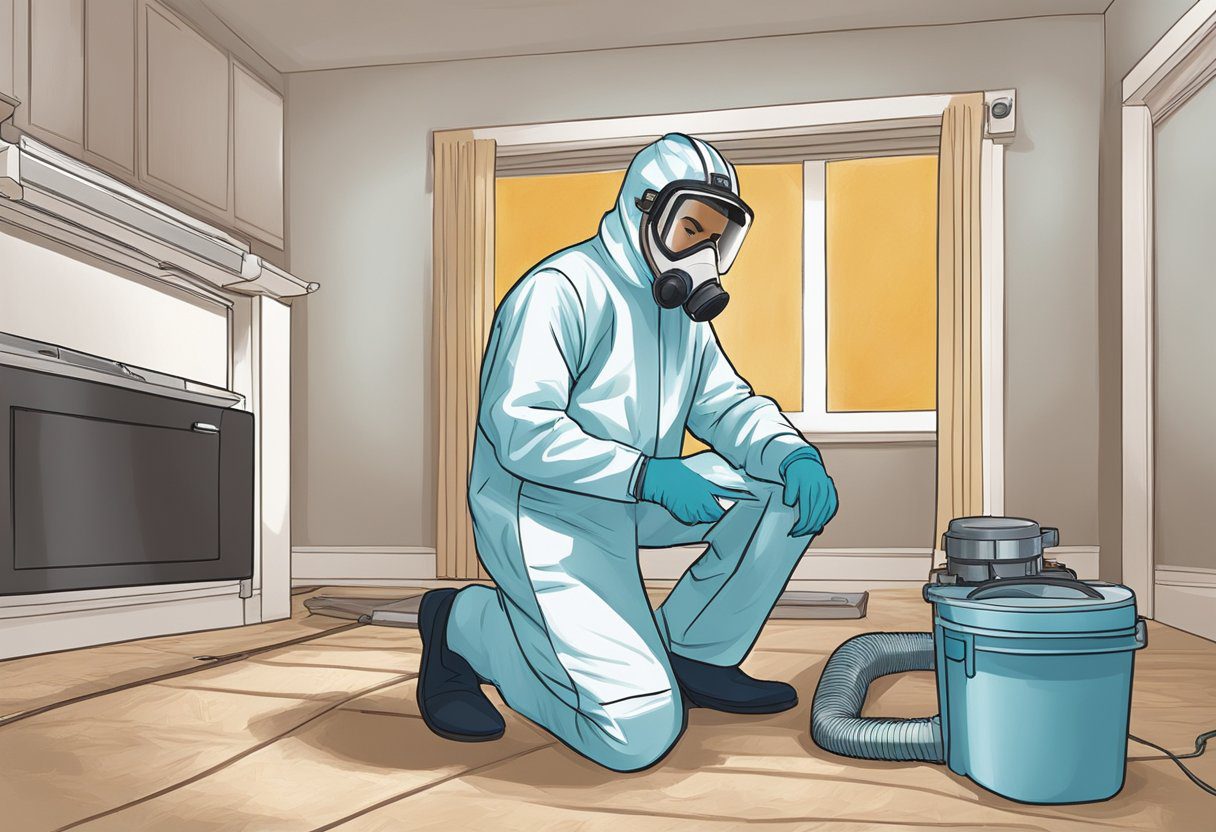 A technician in protective gear assesses mold in a Plano, TX home. They use specialized equipment to test and treat the affected areas