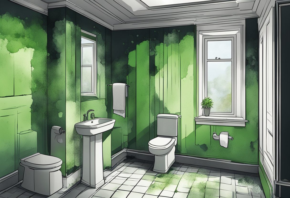 A dark, damp corner of a bathroom with visible patches of black and green mold growing on the walls and ceiling