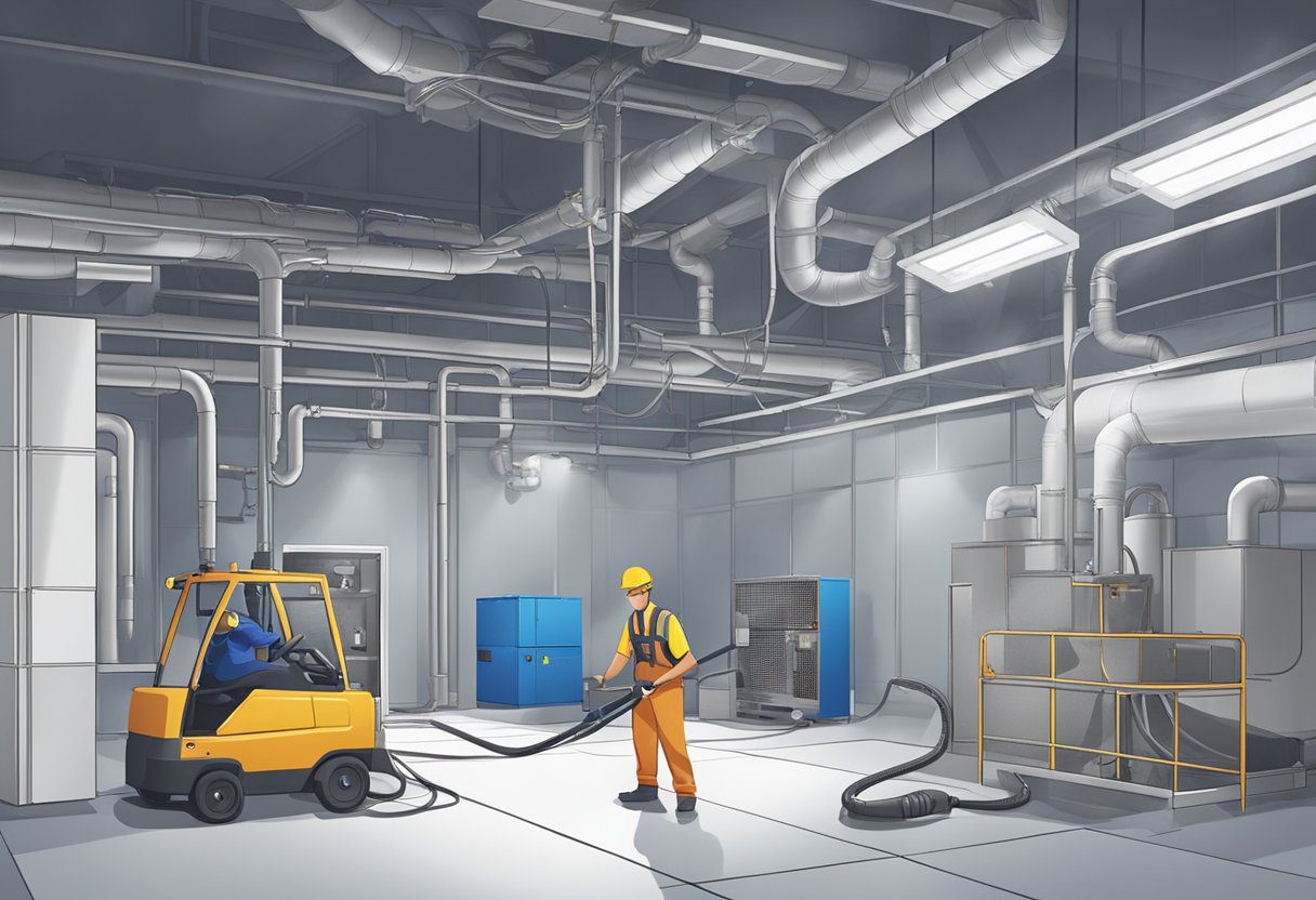 A technician cleans HVAC ducts with specialized equipment in a well-lit, spacious mechanical room. Dust and debris are being removed, leaving the system clean and efficient