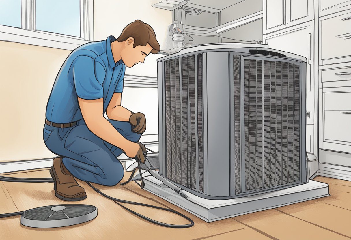 A technician inspects a dusty HVAC system in a Plano, TX home, noting areas in need of cleaning. Debris and dirt are visible on vents and filters