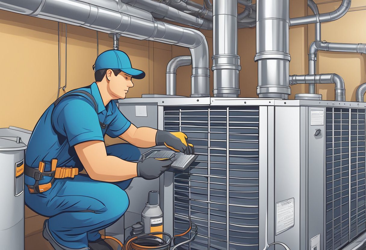 A technician cleans and inspects HVAC system components in a well-lit, clutter-free mechanical room. Tools and cleaning supplies are neatly organized nearby