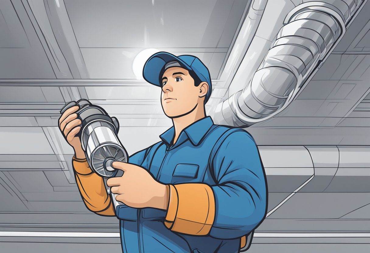 A technician inspects clean ductwork with a flashlight. It's well-maintained and free of debris, ensuring optimal airflow and indoor air quality