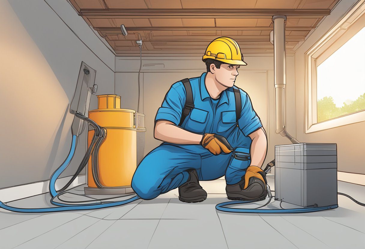 A technician inspects ductwork for potential hazards in a residential attic, using a flashlight and safety equipment