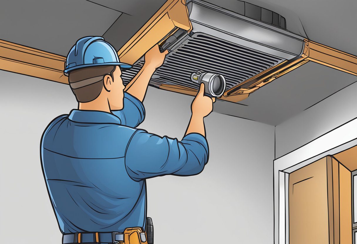 A technician inspects ductwork using a flashlight and camera in a Plano, TX home. Dust and debris are visible inside the ducts