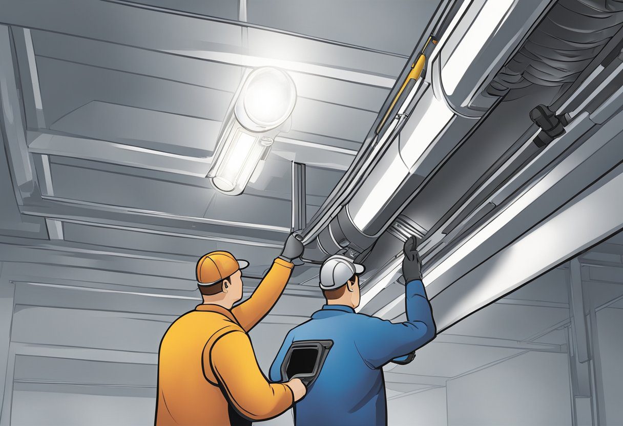 A person inspects ductwork with a flashlight. Another person uses professional tools to inspect ductwork