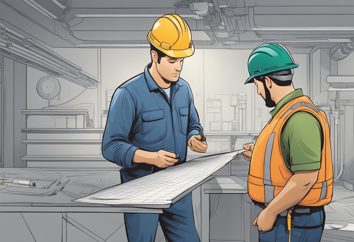 A technician examines ductwork with a flashlight, noting areas of damage and debris. A detailed inspection report is laid out on a table nearby