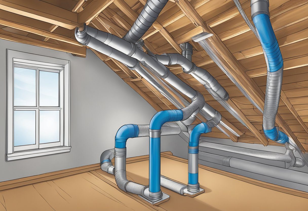 A network of metal ducts winds through a residential attic, connecting to various vents and registers in a Plano, TX home. The system is clean and well-maintained, with no signs of damage or leaks