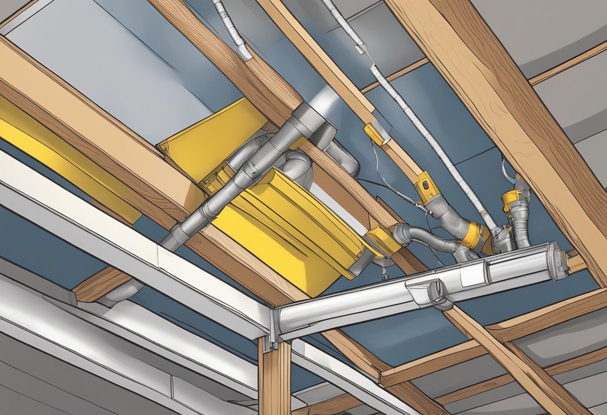 A network of insulated ductwork winds through a residential attic, sealed tightly at every joint and connection. A technician inspects for any signs of wear or damage