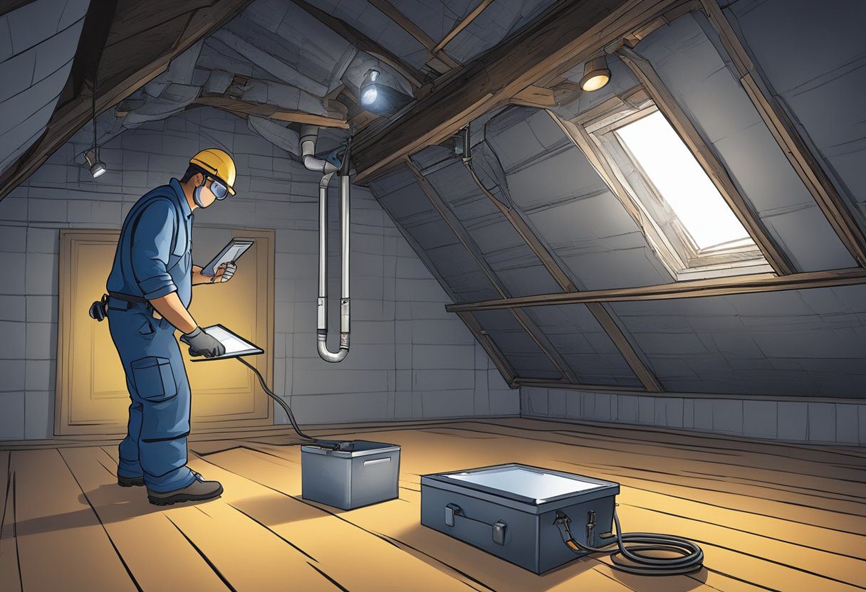 A technician inspects ductwork with a flashlight and clipboard in a dimly lit attic space. Dust and cobwebs cling to the metal ducts as the technician checks for leaks and damage