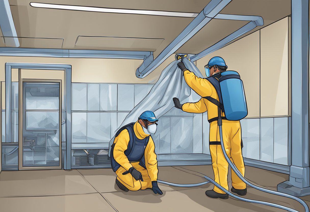 A technician in protective gear cleans mold from ductwork using specialized equipment in a commercial building in Plano, TX