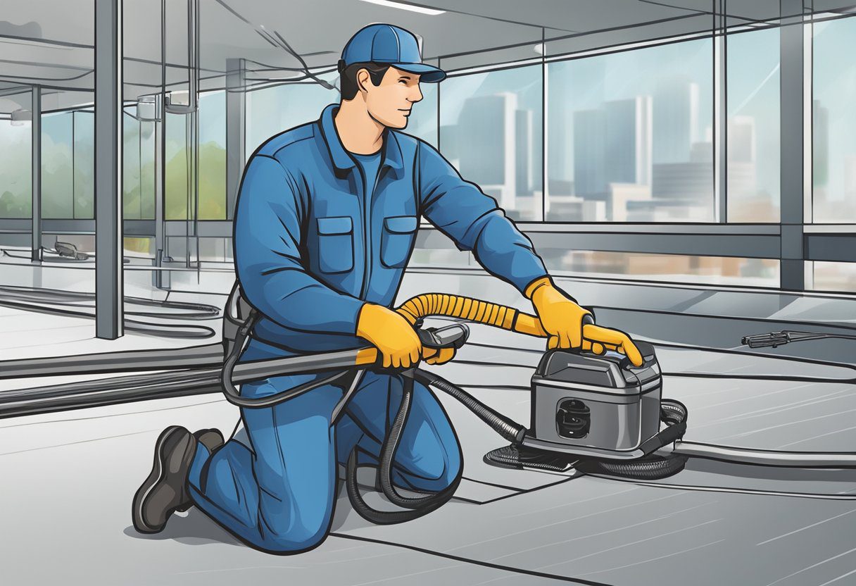 A technician cleans air ducts with specialized tools and equipment in a commercial building in Plano, TX