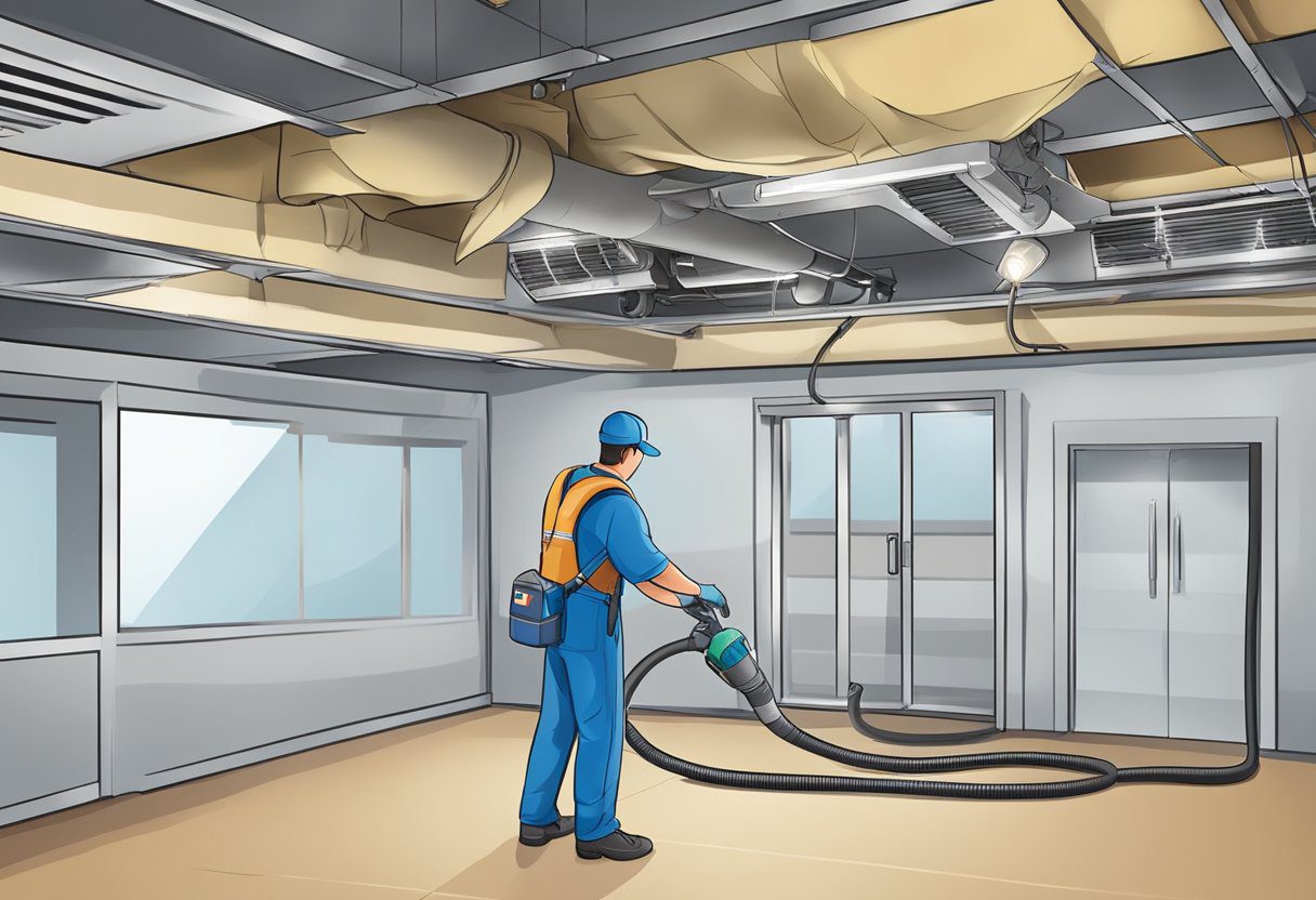 A technician cleaning air ducts with specialized equipment in a commercial building in Plano, TX. Dust and debris being removed from the ducts